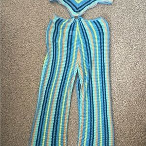 Almost Famous Striped Crochet Wide-Leg Jumpsuit in Blue, Yellow and Teal